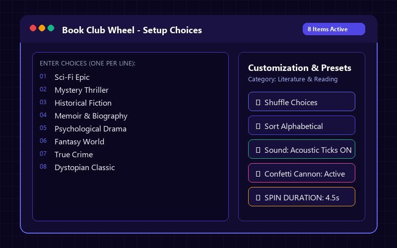 Entering names in Book Club Wheel
