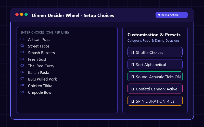 Entering names in Dinner Decider Wheel