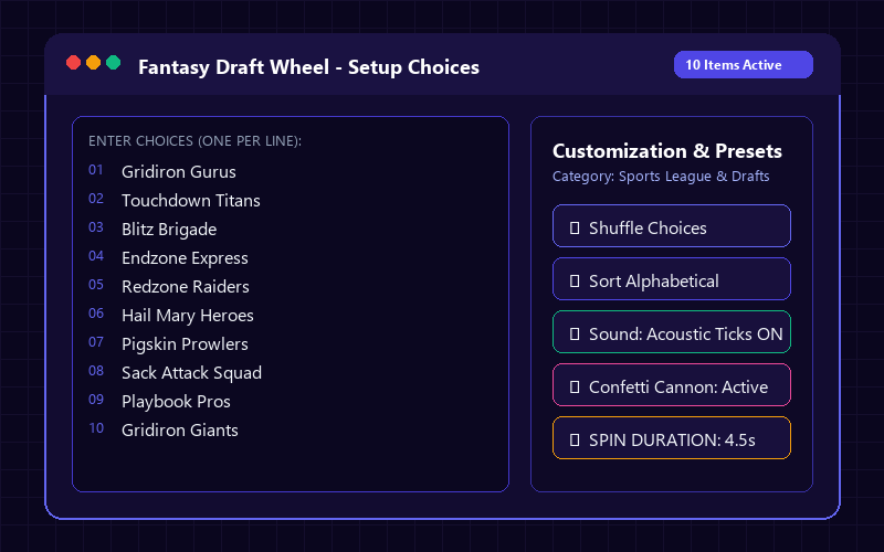 Entering names in Fantasy Draft Wheel