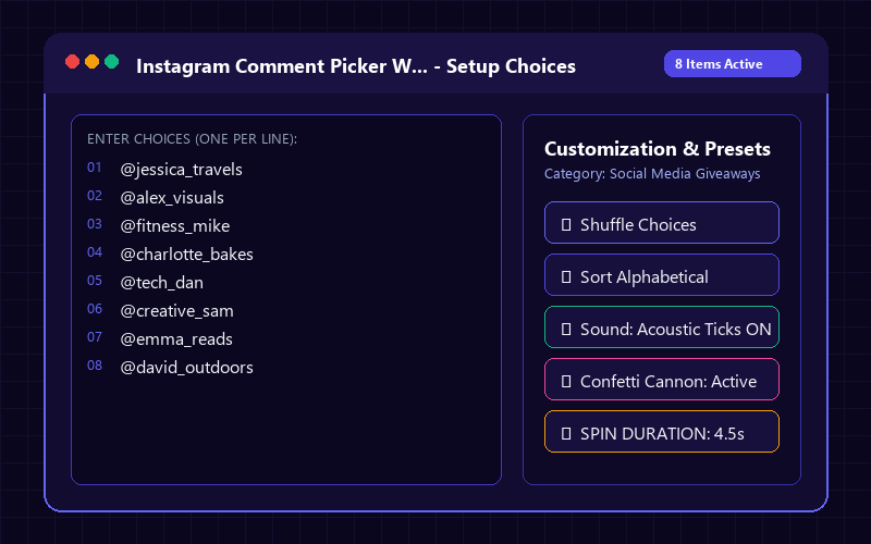Entering names in Instagram Comment Picker Wheel