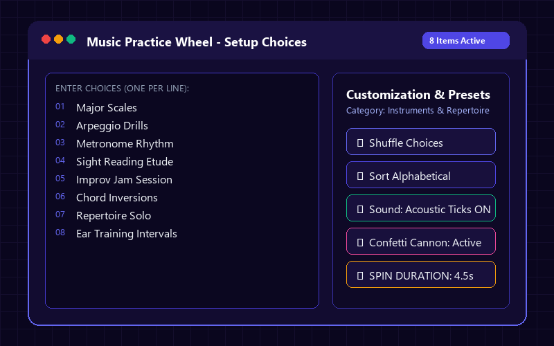 Entering names in Music Practice Wheel
