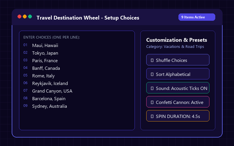Entering names in Travel Destination Wheel