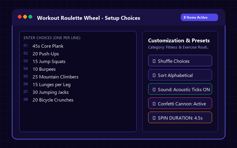 Entering names in Workout Roulette Wheel
